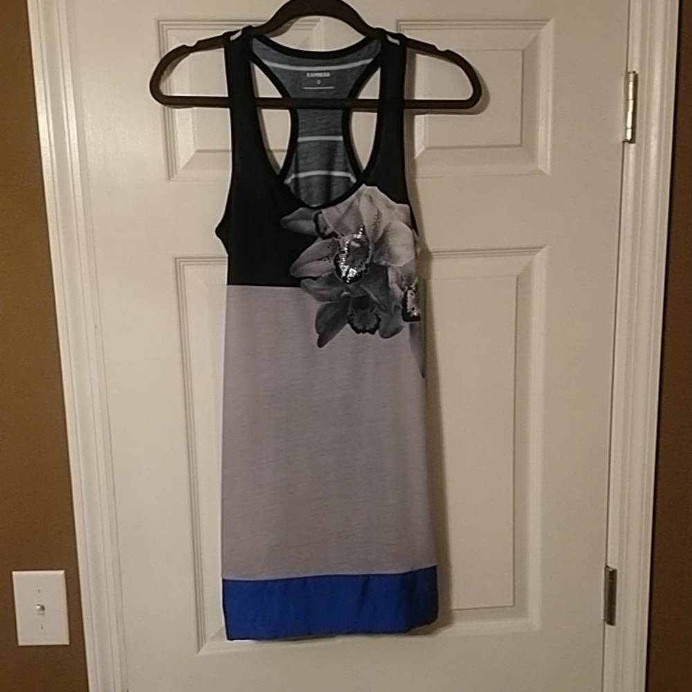 Express Racer back colorblock gray, blue, black tunic floral design NWOT